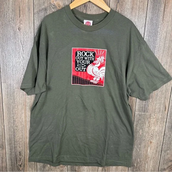 Vintage 3 Star UK Rock Out Funny Tee Chicken Adult Size XL Green - Picture 2 of 8